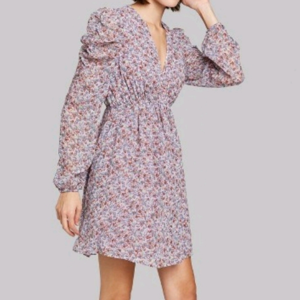 Floral Long Sleeve Deep Vneck Mini Dress Wild Fabl - Picture 2 of 4